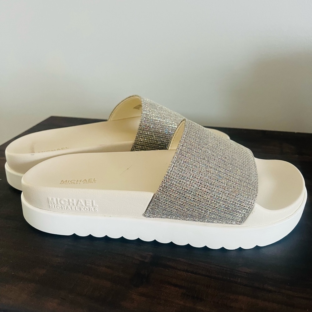 New Michael Kors Women's Glitter Slide Sandals - Silver